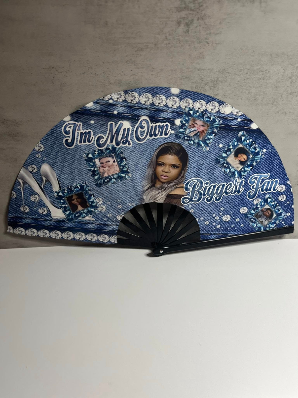 Custom clack fan with personalized denim print design, rhinestone details, and custom photo collage — example of personalization options available